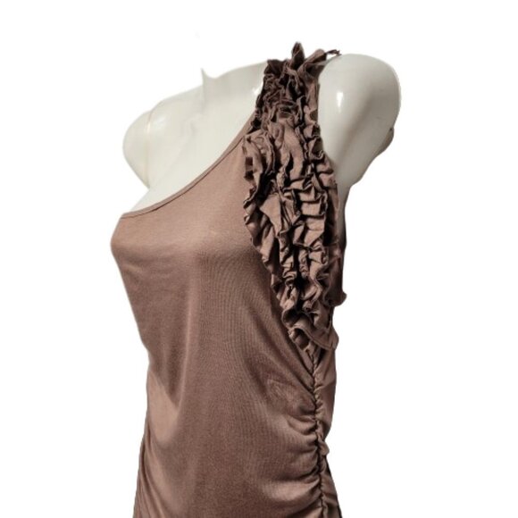 ONE Shoulder Body Con Brown Dress Mini Ruched Ruffle  Size L - Picture 2 of 8